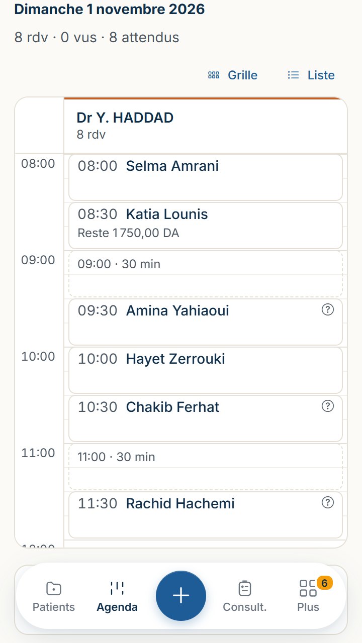 Agenda du dimanche du Dr Haddad, vu par l'assistante qui travaille pour lui : huit rendez-vous et deux créneaux libres (capture de Kalma, données fictives)