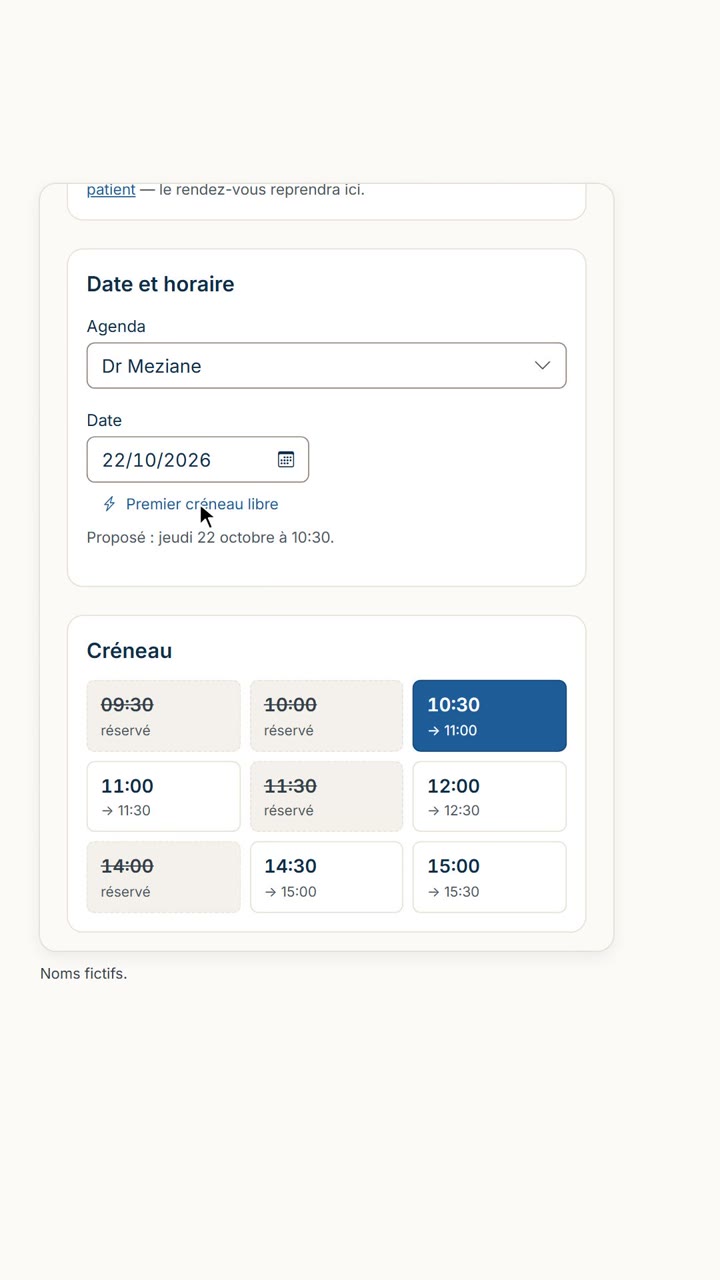 Formulaire de rendez-vous avec le bouton Premier créneau libre (écran redessiné, noms fictifs)
